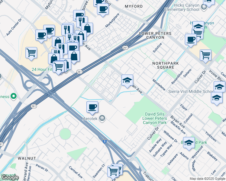 map of restaurants, bars, coffee shops, grocery stores, and more near 1043-1056 Wycliffe in Irvine