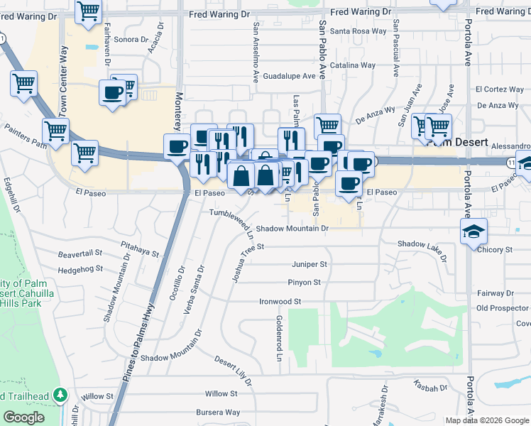 map of restaurants, bars, coffee shops, grocery stores, and more near 73214 Tumbleweed Lane in Palm Desert