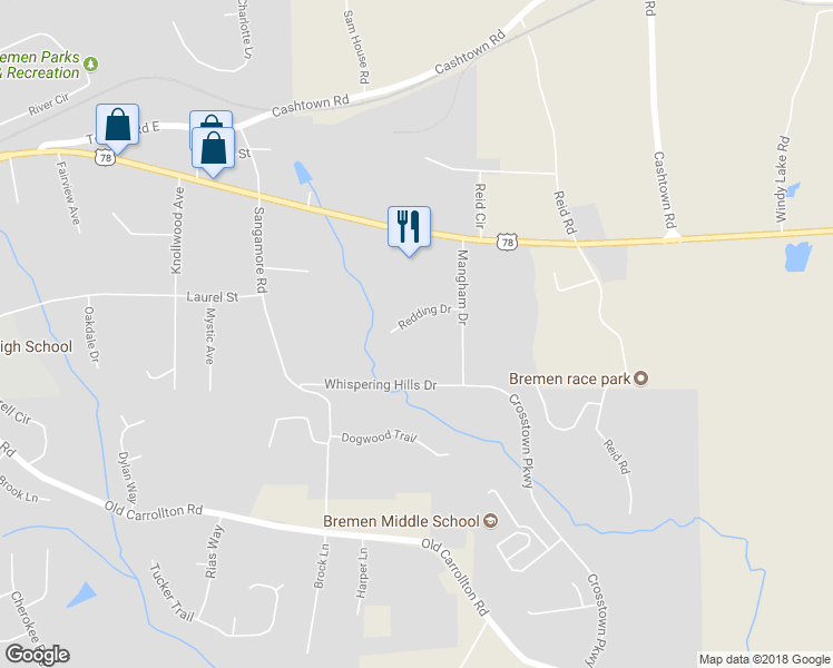 map of restaurants, bars, coffee shops, grocery stores, and more near 108 Redding Drive in Bremen