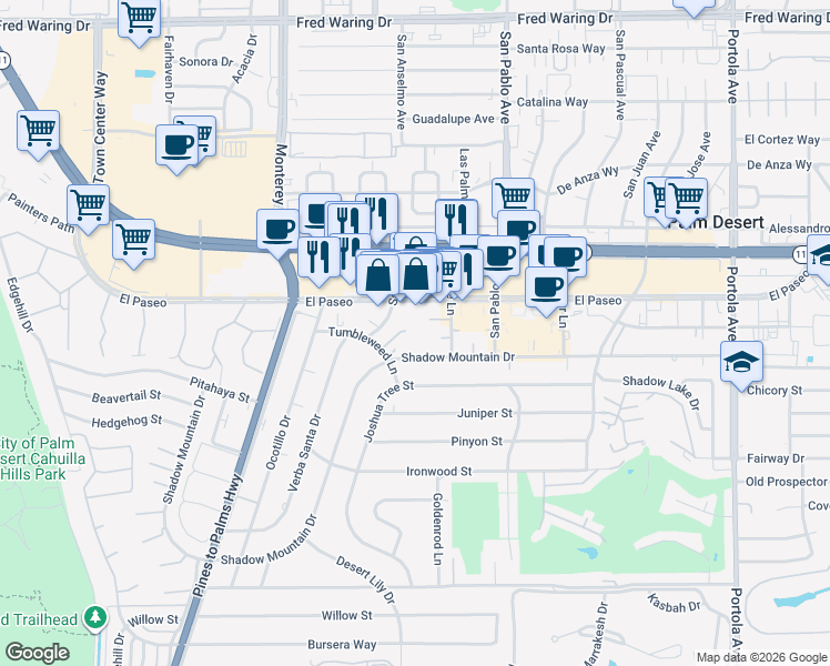 map of restaurants, bars, coffee shops, grocery stores, and more near 73214 Tumbleweed Lane in Palm Desert