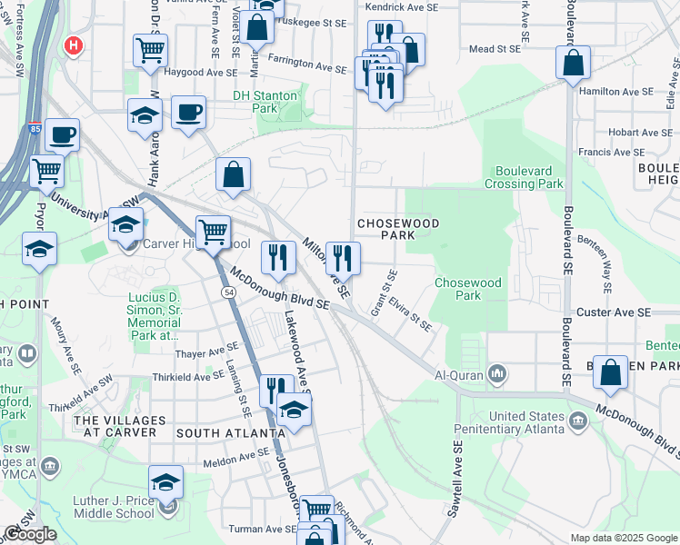 map of restaurants, bars, coffee shops, grocery stores, and more near 278 Milton Avenue Southeast in Atlanta