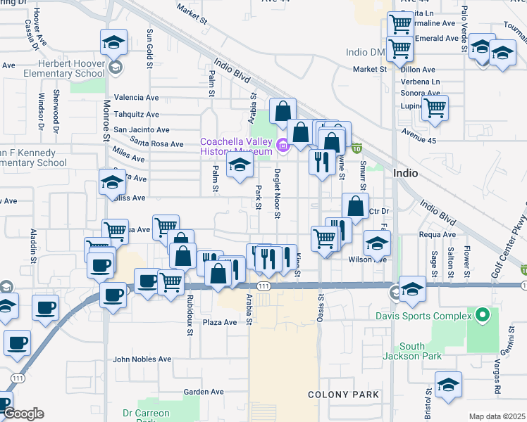 map of restaurants, bars, coffee shops, grocery stores, and more near 45420 Park Street in Indio