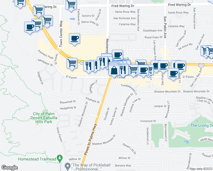 map of restaurants, bars, coffee shops, grocery stores, and more near 261 Sandpiper Street in Palm Desert
