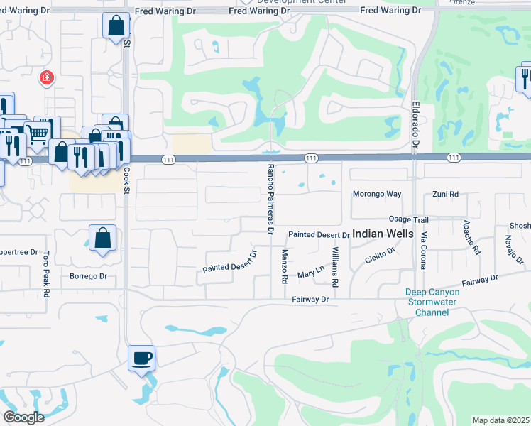 map of restaurants, bars, coffee shops, grocery stores, and more near 75496 Palm Shadow Drive in Indian Wells