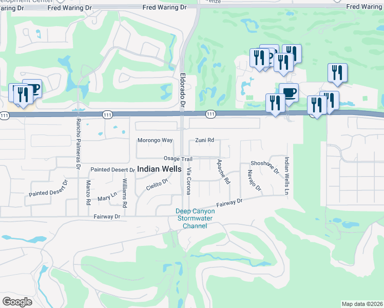 map of restaurants, bars, coffee shops, grocery stores, and more near 45480 Vía Corona in Indian Wells