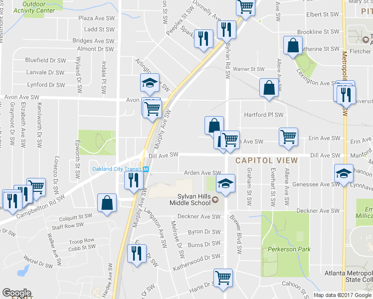map of restaurants, bars, coffee shops, grocery stores, and more near 1019 Dill Avenue Southwest in Atlanta