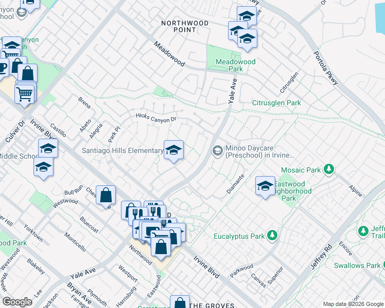 map of restaurants, bars, coffee shops, grocery stores, and more near 42 Christamon West in Irvine