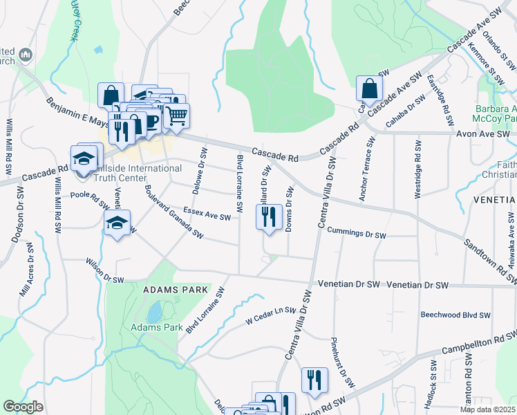 map of restaurants, bars, coffee shops, grocery stores, and more near 1367 Pollard Drive Southwest in Atlanta