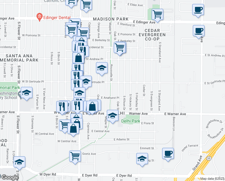 map of restaurants, bars, coffee shops, grocery stores, and more near 2125 Rousselle Street in Santa Ana