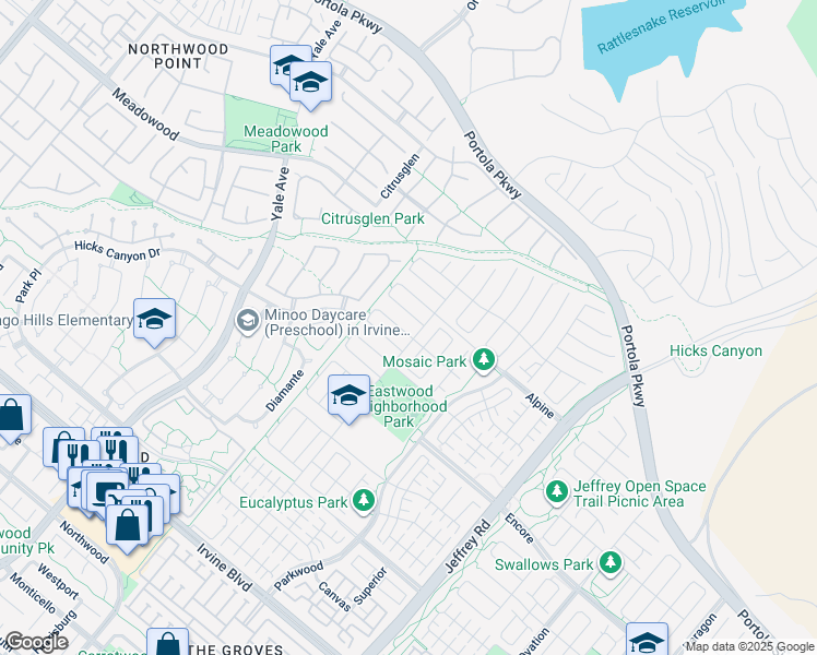 map of restaurants, bars, coffee shops, grocery stores, and more near 116 Joshua Tree in Irvine