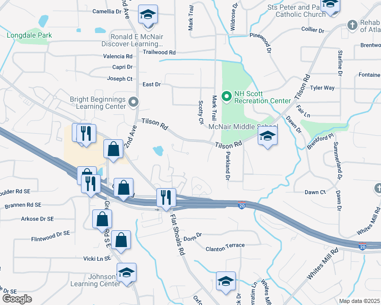 map of restaurants, bars, coffee shops, grocery stores, and more near 2136 Oak Knob Drive in Decatur