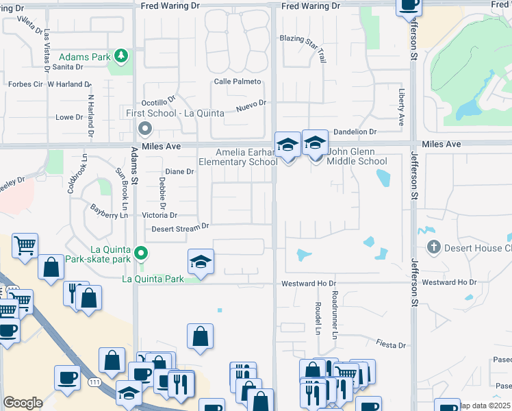 map of restaurants, bars, coffee shops, grocery stores, and more near 45420 Desert Fox Drive in La Quinta