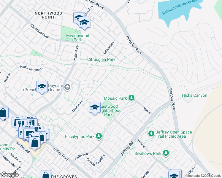 map of restaurants, bars, coffee shops, grocery stores, and more near 116 Joshua Tree in Irvine