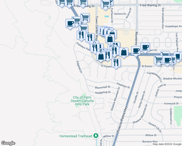 map of restaurants, bars, coffee shops, grocery stores, and more near 1202 Sandpiper Street in Palm Desert