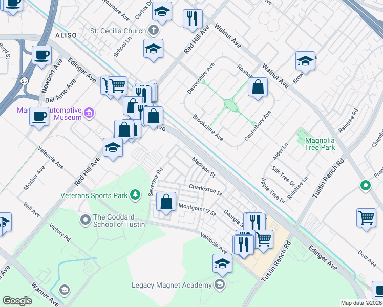 map of restaurants, bars, coffee shops, grocery stores, and more near 1411 Madison Street in Tustin