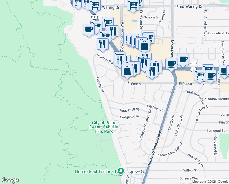 map of restaurants, bars, coffee shops, grocery stores, and more near 1202 Sandpiper Street in Palm Desert