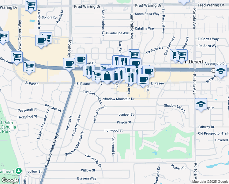 map of restaurants, bars, coffee shops, grocery stores, and more near 45451 Lupine Lane in Palm Desert