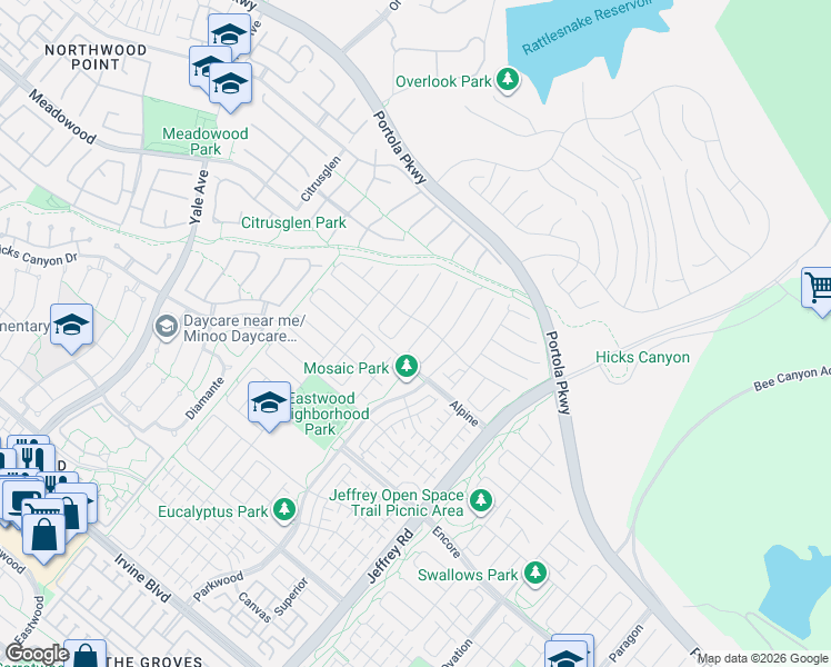 map of restaurants, bars, coffee shops, grocery stores, and more near 126 Paxton in Irvine