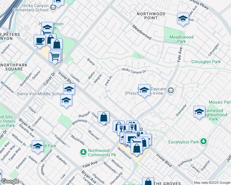 map of restaurants, bars, coffee shops, grocery stores, and more near 29 Fortuna East in Irvine