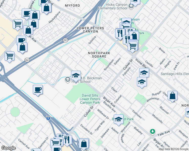 map of restaurants, bars, coffee shops, grocery stores, and more near 1 Leucadia in Irvine