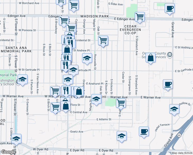 map of restaurants, bars, coffee shops, grocery stores, and more near 2130 Oak Street in Santa Ana
