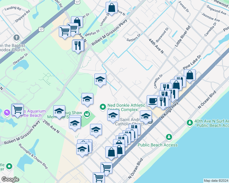 map of restaurants, bars, coffee shops, grocery stores, and more near 3774 Hitchcock Way in Myrtle Beach
