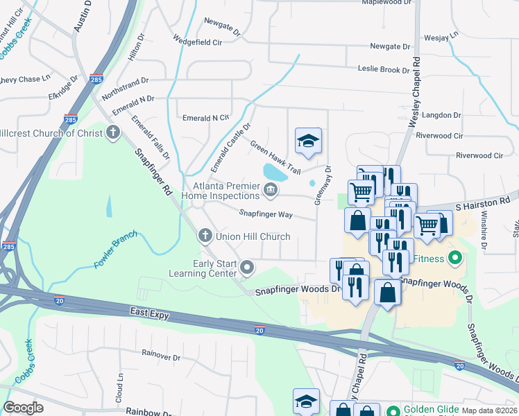 map of restaurants, bars, coffee shops, grocery stores, and more near 4062 Snapfinger Way in Decatur