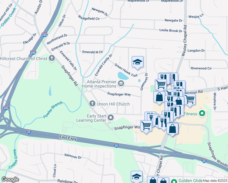 map of restaurants, bars, coffee shops, grocery stores, and more near 4050 Snapfinger Way in Decatur