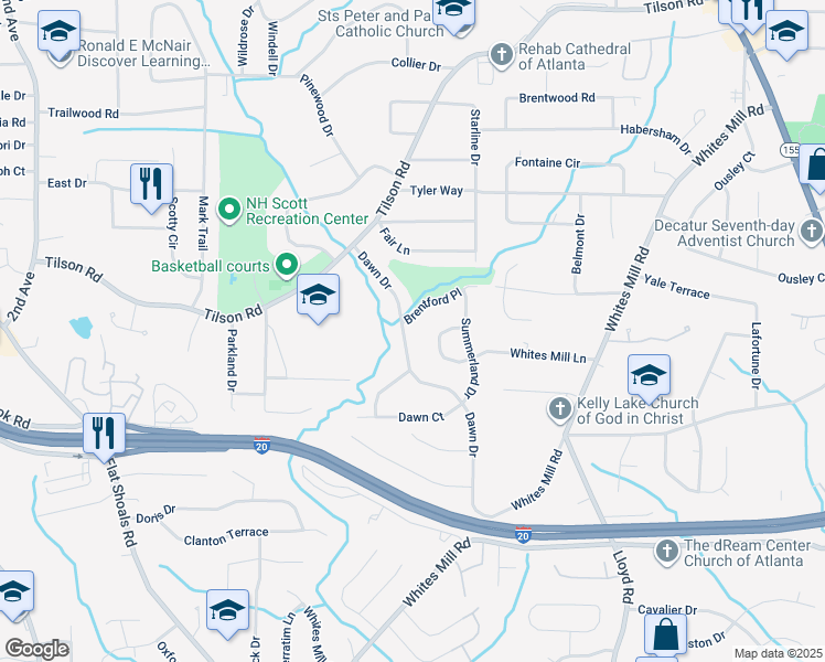 map of restaurants, bars, coffee shops, grocery stores, and more near 2417 Dawn Drive in Decatur