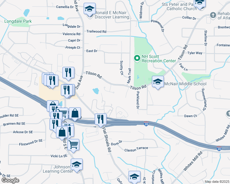map of restaurants, bars, coffee shops, grocery stores, and more near 2136 Oak Knob Drive in Decatur