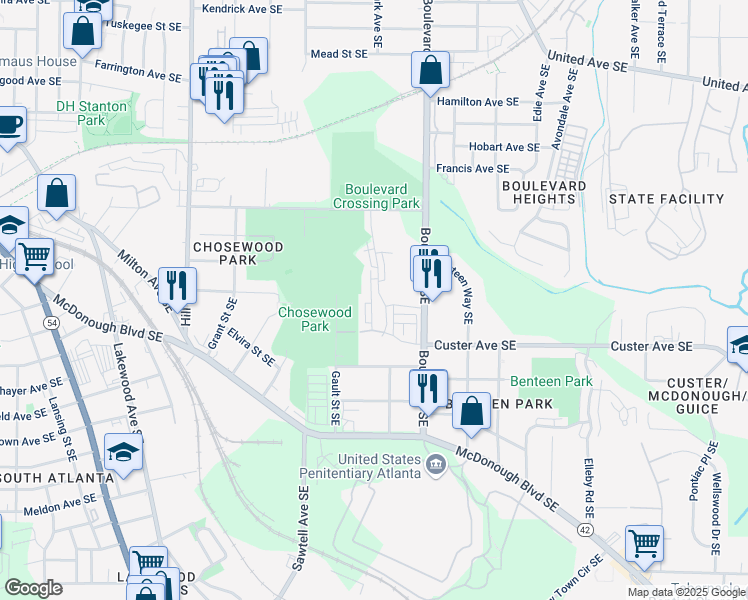 map of restaurants, bars, coffee shops, grocery stores, and more near 1332 Breezy Street Southeast in Atlanta