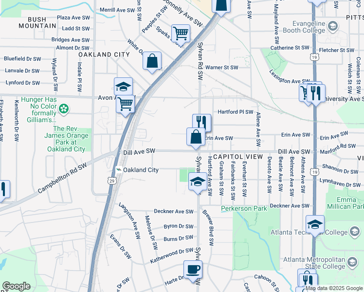 map of restaurants, bars, coffee shops, grocery stores, and more near 975 Dill Avenue Southwest in Atlanta