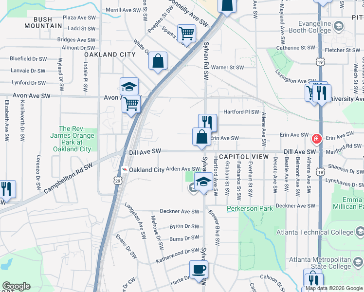 map of restaurants, bars, coffee shops, grocery stores, and more near 975 Dill Avenue Southwest in Atlanta