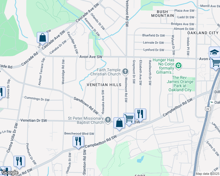 map of restaurants, bars, coffee shops, grocery stores, and more near 1352 Willow Trail Southwest in Atlanta