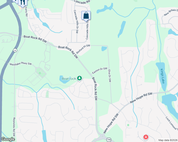 map of restaurants, bars, coffee shops, grocery stores, and more near 1363 Boat Rock Road Southwest in Atlanta