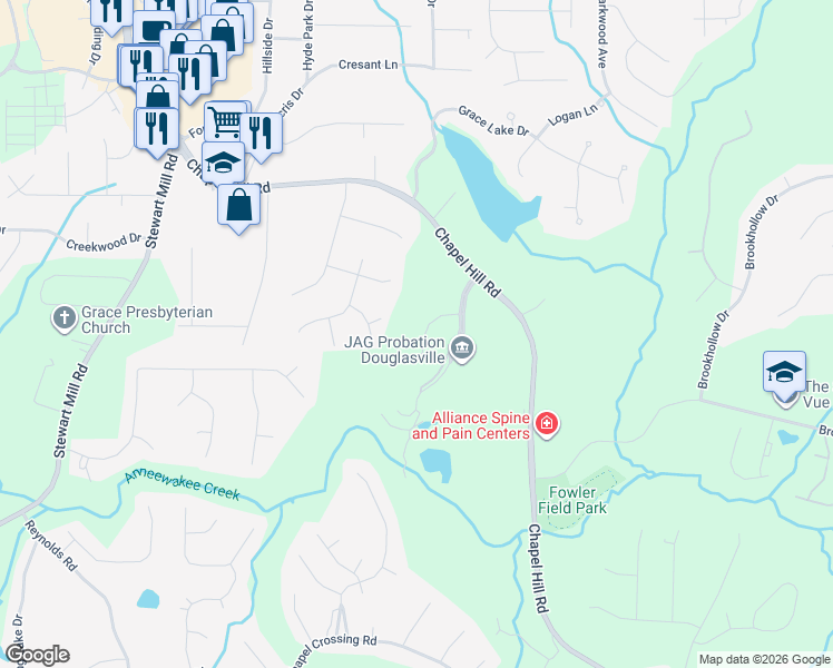 map of restaurants, bars, coffee shops, grocery stores, and more near 5834 Sarazen Tr in Douglasville