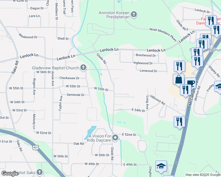 map of restaurants, bars, coffee shops, grocery stores, and more near 5516 Glade Road in Anniston