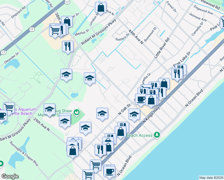 map of restaurants, bars, coffee shops, grocery stores, and more near 616D 37th Avenue North in Myrtle Beach