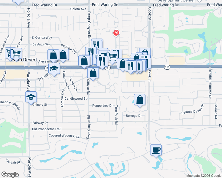 map of restaurants, bars, coffee shops, grocery stores, and more near 45430 Driftwood Drive in Palm Desert
