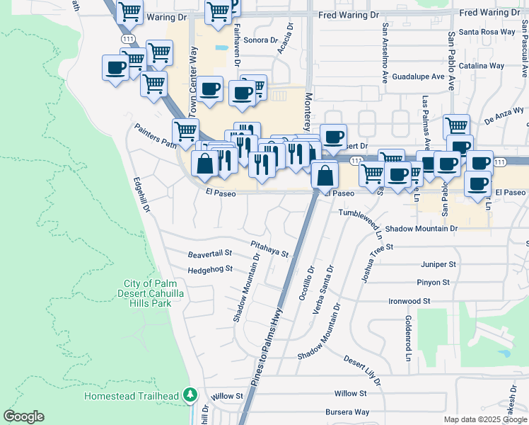 map of restaurants, bars, coffee shops, grocery stores, and more near 72873 El Paseo in Palm Desert