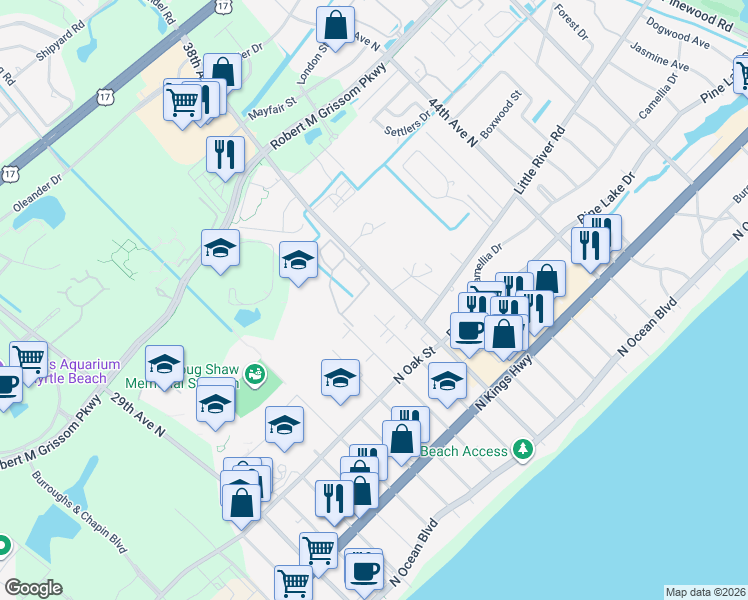 map of restaurants, bars, coffee shops, grocery stores, and more near 616D 37th Avenue North in Myrtle Beach