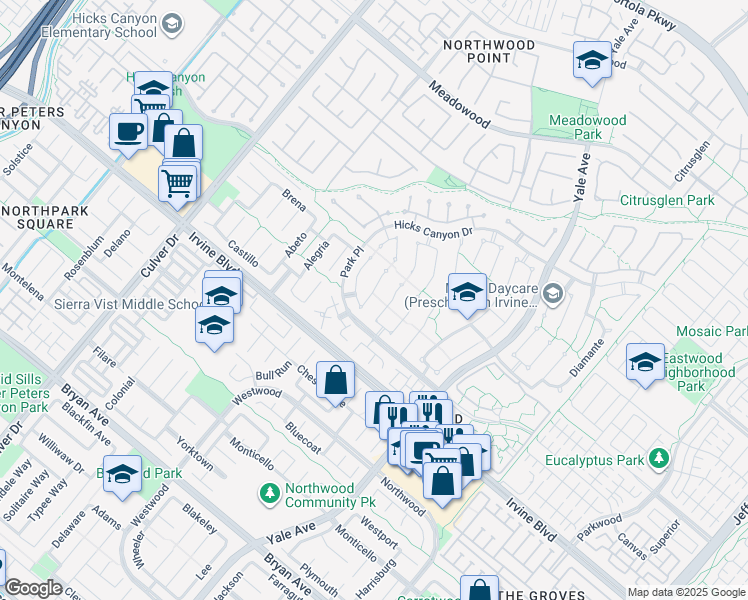 map of restaurants, bars, coffee shops, grocery stores, and more near 29 Fortuna East in Irvine