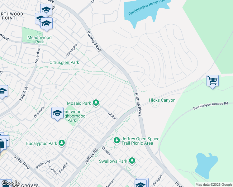map of restaurants, bars, coffee shops, grocery stores, and more near 212 Parkwood in Irvine