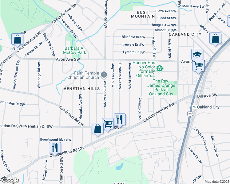 map of restaurants, bars, coffee shops, grocery stores, and more near 1318 Graymont Drive Southwest in Atlanta