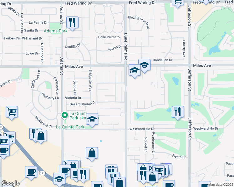 map of restaurants, bars, coffee shops, grocery stores, and more near 45420 Desert Fox Drive in La Quinta