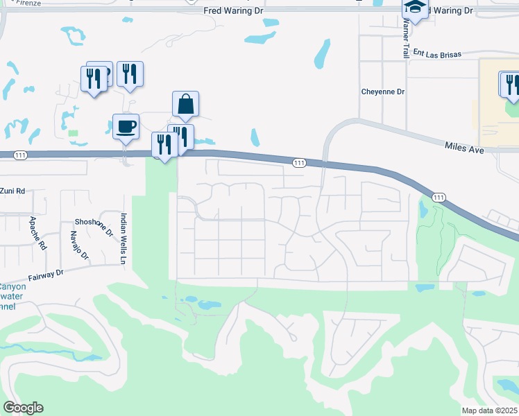 map of restaurants, bars, coffee shops, grocery stores, and more near 45555 Pueblo Road in Indian Wells