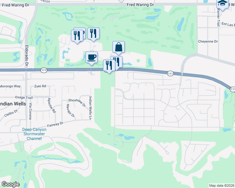 map of restaurants, bars, coffee shops, grocery stores, and more near 76670 Blue Jay Lane in Indian Wells