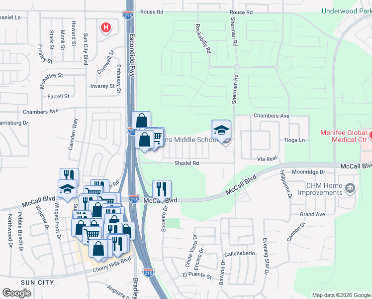 map of restaurants, bars, coffee shops, grocery stores, and more near Oak Lane in Menifee
