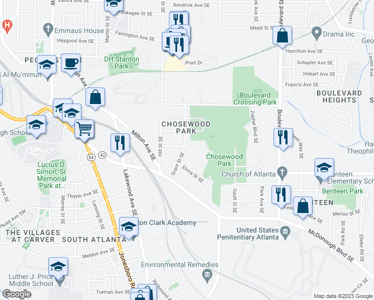 map of restaurants, bars, coffee shops, grocery stores, and more near 1320 Grant Street Southeast in Atlanta