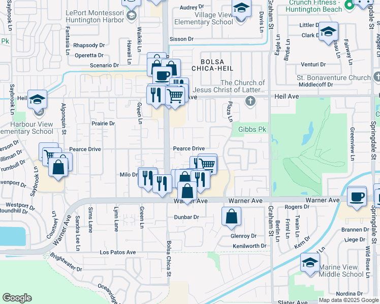 map of restaurants, bars, coffee shops, grocery stores, and more near 5112 Pearce Drive in Huntington Beach